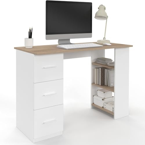 IDMarket – Escritorio Mae de diseño recto con 3 cajones y estantes de almacenamiento, color blanco y madera