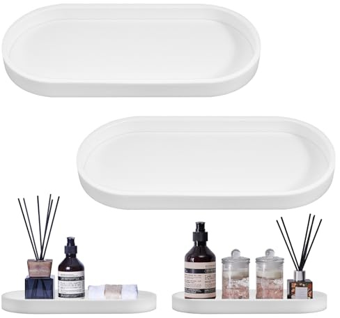 2 Stück Badezimmer Tablett Dekotablett Deko Tablett Weiß Silikon Ablageschale Kleines Badezimmer Deko Schale für Waschtisch Badewanne Küchenspüle und Toilette (Weiß Oval)