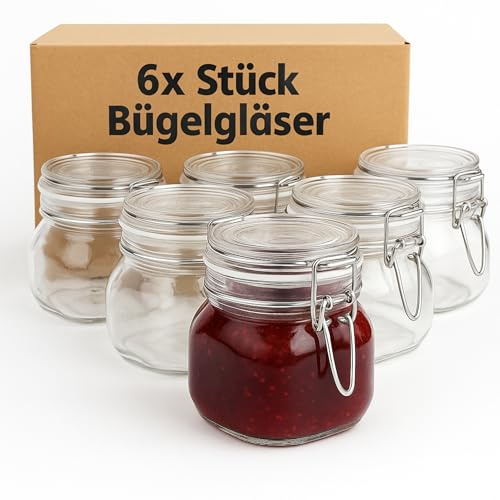 HLKauf Bügelgläser Set 6 Stück Einmachgläser mit Bügelverschluss Vorratsgläser Glasbehälter mit Deckel wiederverwendbar fermentieren einkochen aufbewahren Block