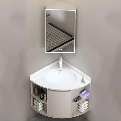 Tocador de baño esquinero con fregadero individual, diseño curvado, montaje en pared, pequeño espacio, incluye espejo iluminado y armario de almacenamiento para una limpieza eficiente