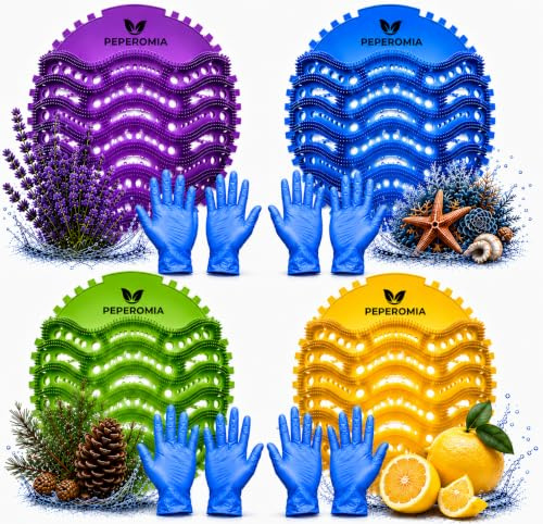 20 Pack Peperomia Urinal Screen Deodoriser, Bulk with 4 Scents (Ocean, Lemon, Lavender, Pine) | Long Lasting Controls Odour, Long Bristle Reduces Splash, 10 Free Gloves, Restroom, Hotel, School