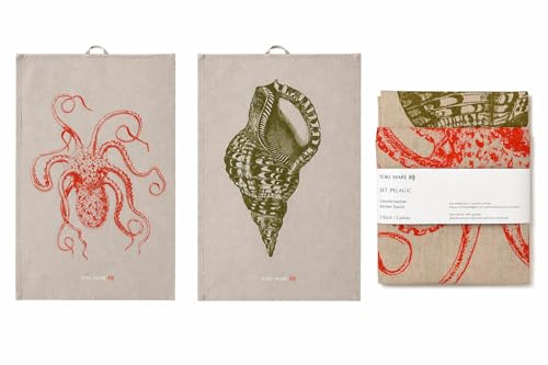 TOKI MARE Geschirrtücher 2er Set – Halbleinen (50% Leinen & Baumwolle) – saugstark, fusselfrei – Küchentücher mit Oktopus & Fechterschnecke – Klassisches Format (50 x 70 cm) – Made in Europe