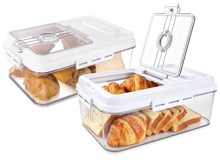 Hniuyun 2 Pack Airtight Bread Bin for Kitchen Counter, Time Recording Bread Box with Lid, Bread Storage Container for Homemade Bread, Toast, Cookies