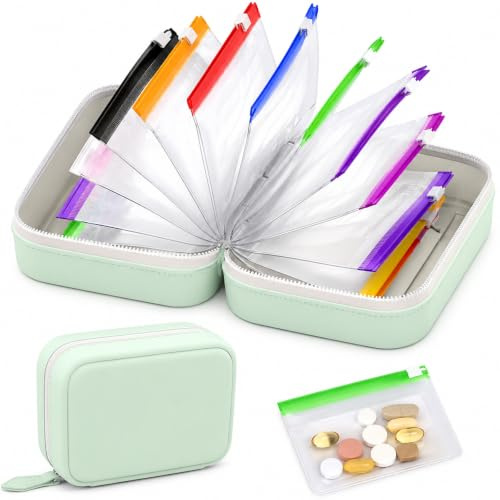 RhiVrillion Set de 14 Bolsas Impermeables para Pastillas, Pastillero Semanal para Vitaminas y Medicamentos, Organizador de Pastillas Portátil para Viajes, Caja Medicamentos Reutilizable（Verde）