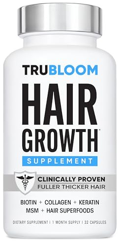 Tru Bloom Hair Growth Vitamins - Clinically Proven & Dermatologist-Tested to Grow Fuller & Thicker Hair | Drug-Free Hair Growth Products with Biotin, Collagen, Keratin, MSM, Zinc & D3-1 Month Supply