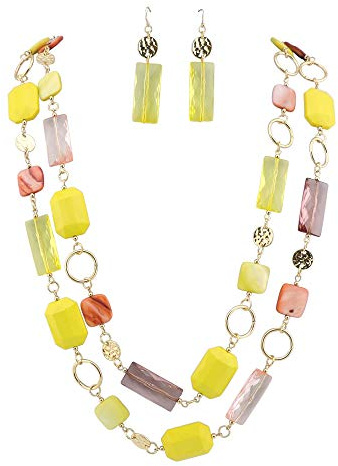 Bocar 2 Long Fashion Strand Chain Statement Beaded Women 36 Necklace Earrings Set (NK-10468-yellow)