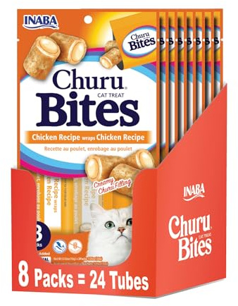 INABA Churu Bites for Cats, Soft/Chewy Baked Chicken Wrapped Churu Filled Cat Treats with Vitamin E, 0.35 Ounces per Tube, 24 Tubes Total (3 Tubes per Pack), Chicken Recipe
