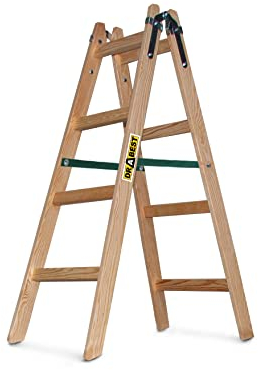 DRABEST Scala professionale in legno a 4 gradini, leggera, pieghevole, per la casa, in pino impregnato, rinforzi in zinco, portata 150 kg, 49 x 124 x 13 cm