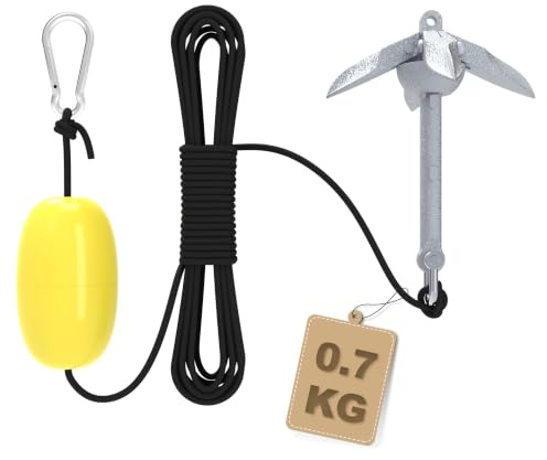 YRHome Bootsanker Klappanker Faltanker Verzinkt Stahl Gusseisen Anker 0,7KG Ankerset Mit Karabiner, Ankerboje, 10m Ankerleine & Transportbeutel für Schlauchboot Boot SUP Paddle Kanu Kajak