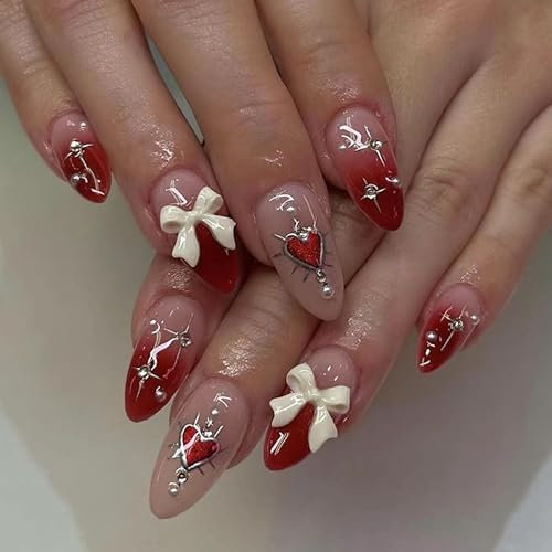 MouyouGlow Press on Nails Kurz,Almond Rot Farbverlauf 3D Schleife Red Herz Perle Strass Fake Nails mit Nagelkleber,Valentinstag Y2K Künstliche Fingernägel