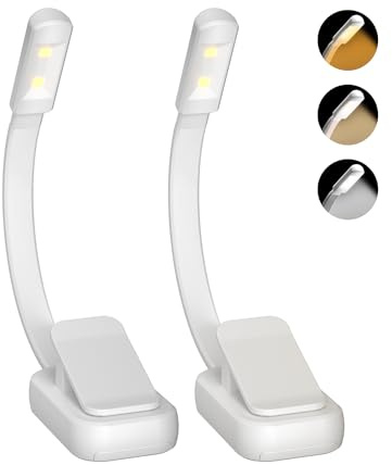Lucarni Book Light,Reading Lights for Books in Bed,AAA Battery Clip-On Led Reading Light with 3 Colors & Stepless Dimming,Portable and Ultra-Lightweight with Long Runtime(2P WH)