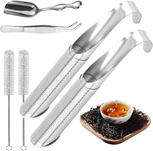 2 Piezas Infusor de Té Set con Clip para Té, Cucharón, Cepillos, Acero Inoxidable Filtro de Té con Mango Largo, Reutilizable Colador de Té para té Suelto, Especias, Perfecto para Colgar en La Taza