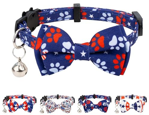 Gyapet Katzenhalsband mit Fliege, Glöckchen, Sicherheitsverschluss, für Kätzchen, 17,8–27,9 cm, 4. Juli, Unabhängigkeitstag, verstellbare US-Flaggenpfoten
