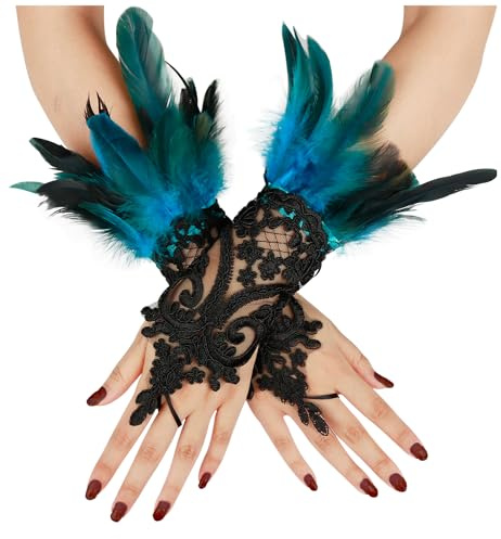 keland Damen Schwarz Feder Spitze Fingerlose Lange Handschuhe für Hochzeit Halloween Maleficent Kostüm
