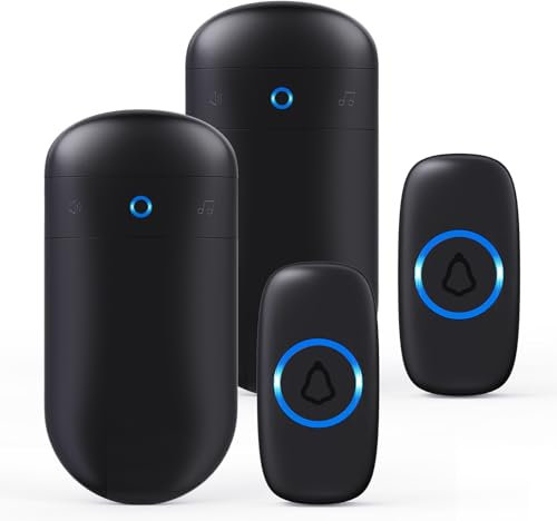 SECRUI Wireless Doorbell, Electric Cordless Door Chime IP55 Waterproof Battery Operated Door Bell, Operated at 1000ft Long Range with 58 Melodies 5 Volume 2 Plug in Receivers Easy to Use Black