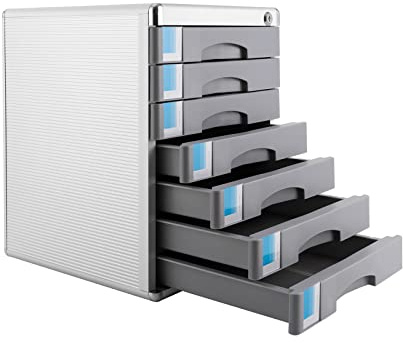 OUKANING Caja de almacenamiento con 7 cajones – Cajones de alta capacidad Armario de acero Caja de metal Cajones Caja de almacenamiento de documentos con cerradura 31,5 x 35 x 29,8 cm