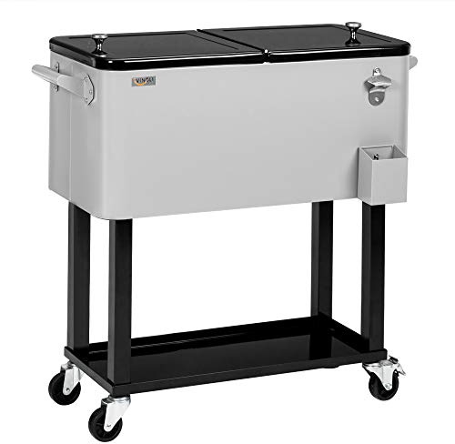 Bonnlo 80QT Rolling Ice Chest on Wheels, Cooler Bar Cart, Silver Grey