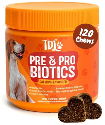 Dog Probiotic Supplements for Gut Health – 120 Soft Probiotic Chews for Dogs – Daily Canine Probiotics & Prebiotics to Support Digestion, Immunity & Sensitive Stomachs – Salmon Flavour Treats