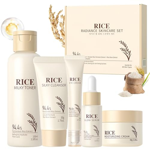 Reis Feuchtigkeit Gesichtspflege Set, 5PCS Rice Skincare Set mit Hyaluronsäure, Skincare mit Gesichtsreiniger Rice Toner Augencreme Serum Feuchtigkeitscreme, für Tägliche Feuchtigkeit & Pflege
