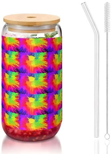 YBGHDAA Colorido Splash Printing - 1 vaso para beber con tapas y popote, vasos de vidrio de 16 onzas, ideal para whisky, cerveza, té