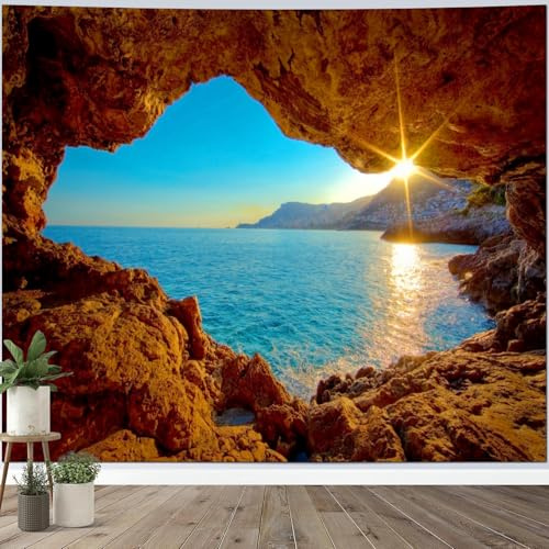 Calefee Wandteppich xxl 350 x 256, Wandteppich Groß Meer Sonnenuntergang Höhle, Tapisserie Dekoration für Wohnzimmer