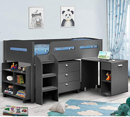 Happy Beds Kimbo Children's Cabin Bed with Drawers Only 91cm Single 90cm x 190cm Anthracite Wood Anthracite 3FT Plain Frame