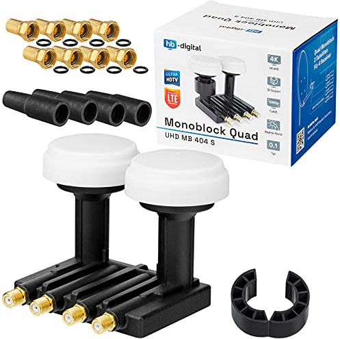 Opticum - Set LNB monoblocco HB-DIGITAL, 0,1dB,| LNC Direkt 2 Sat Astra 19,2° Hotbird 13°, Full HD TV 3D Ultra HD 4K, guaina in gomma e spina F dorata