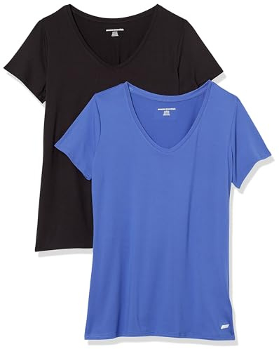 Amazon Essentials Women's Active Quick Dry Tech Stretch Short-Sleeve V-Neck T-Shirt, Moisture-Wicking, Pack of 2, Black/Bright Blue, X-Small
