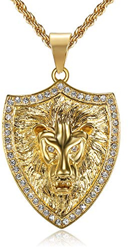 Lee Island Fashion 18K Gold Plated Lion King Pendant Stainless Steel Punk Viking Rock Necklace, 24 Inch Chain For Men Women Hip Hop Rapper Animal Jewelry Gift
