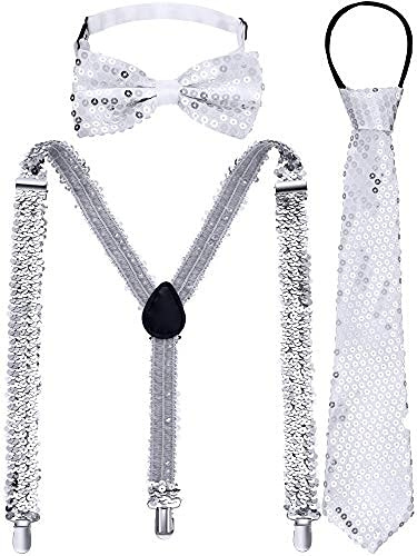 Geyoga Herren Pailletten Hosenträger Set, Verstellbarer Y Pailletten Hosenträger Clip, Schuppige Pailletten Krawatte mit Fliege für Kostüm Party Zubehör (Silber)