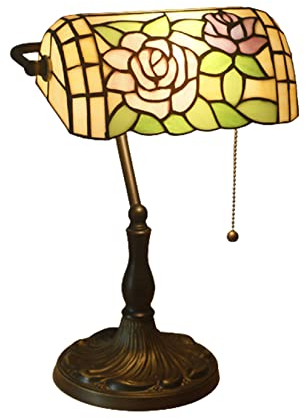 GDLight Tiffany Stil Banker Lampe Vintage Glasmalerei Banker Schreibtischlampe handgemachte Leselampe für Wohnzimmer Schlafzimmer Cafe Bar, 10,6-Zoll (3 Stile),Rose