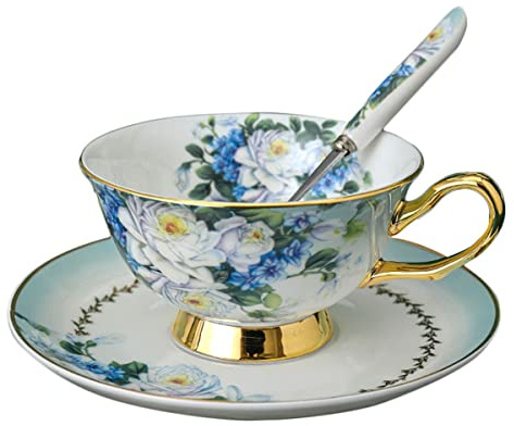 Tea Cups Saucers Sets With Spoons,Champagne Rose On Blue Patterned Bone China 3 Pieces Ceramic Tea Coffee Cup Teacups Porcelain Floral Ceremic Mugs