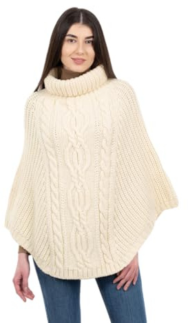 Saol - Poncho da donna in 100% lana merino, lavorato a maglia - Marrone - Taglia unica