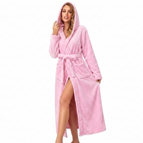 RONGTAI Women's Plush Hooded Robe Bathrobe-Fast Warmth for Home