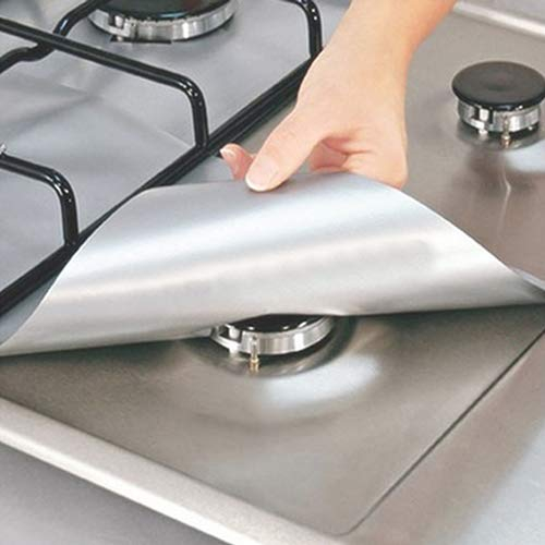 4 protectores cuadrados de aluminio para cocina de gas, reutilizables, fáciles de limpiar, protectores de estufa de gas de aluminio (plata)