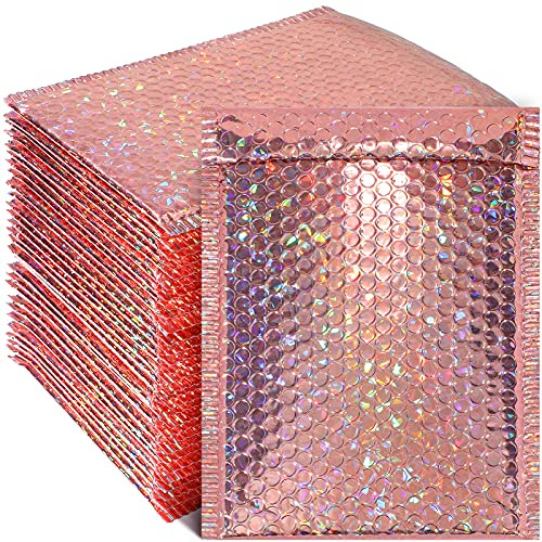 Outus 30 Pieces Holographic Bubble Padded Mailer Holographic Bubble Mailers Padded Envelopes Self Sealing Cushion Envelopes for Mailing, Shipping and Packing(Rose Gold, 9.5 x 6 Inch)