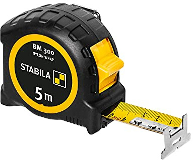 STABILA Fickbandsmått BM 300, 5 m, måttband med dubbelsidig metrisk skala, okrossbar PC/ABS-hölje, SPIKES-krok, stålband med NYLON-WRAP-beläggning, bältesklämma, MID-noggrannhet