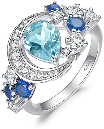 JewelryPalace 6.8ct Poire Bague Lune Etoile Pierre Naturelle Topaze Bleu Ciel en Argent 925 Femme, Bague Saphir Synthetique Anneau Cubique Zircon Fille, Ensemble Parure de Bijoux Cadeau Anniversaire