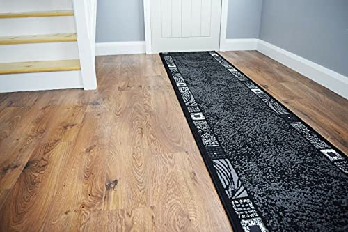 SrS Rugs® Luna Collection, Modern Long Carpet Runner Rug for Entrance Hall and Stairs. Smooth Soft 8mm Depth Pile. 70cm Wide. Any length (Black Borders, Length: 3' (91cm))