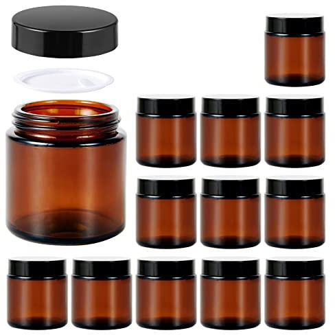 4oz Jars with Lids, Hoa Kinh 12 Pack Amber Glass Jars with Lids Empty Cosmetic Containers Round Airtight Glass Jar with Inner Liners and black Lid for Storing Lotions, Powders, and Ointments