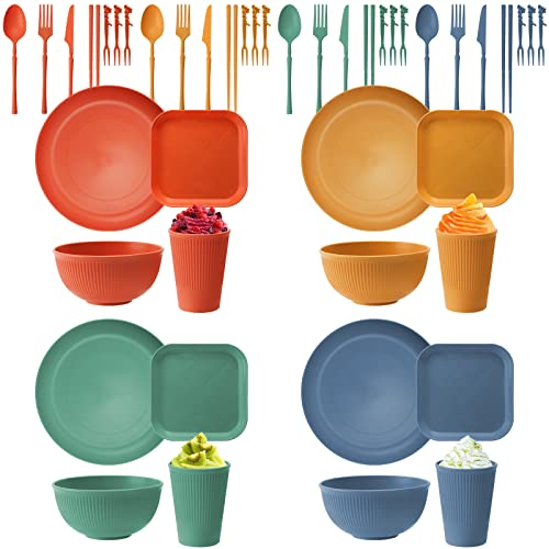 48 Pcs Camping Geschirr Set Plastik,Unzerbrechliches Geschirr Set 4 Personen mit Teller Dessertteller Schalen Tassen Besteck Fruchtgabel,BPA-Frei Geschirrset leicht für Kinder Erwachsene Abendessen