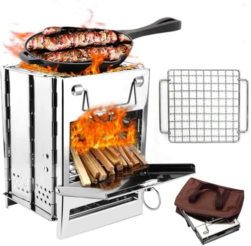 Camping Wood Burning Stove, Stainless Steel Foldable Camping Stove, Grill Grid for Camping