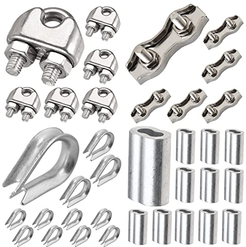 Leaum 36 Stück Drahtseilklemme Set, mit Drahtseilklemme 3mm Edelstahl M3, Drahtseil Kauschen 3mm und Pressklemme 3mm Aluminium für Drahtseil, StahlKabel