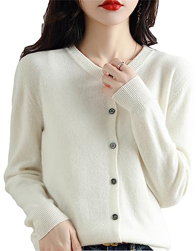 Kashmircardigan för kvinnor med rund hals tröja vår höst vinter långärmad stickad enfärgad mjuk cardigan tröja, Vitt, XXL