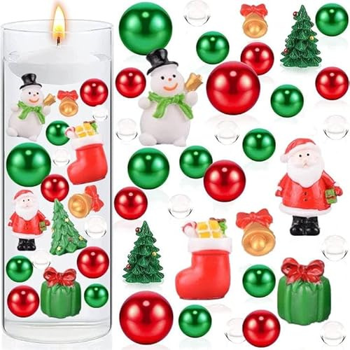 6042 Pcs Christmas Vase Fillers Pearl, Pearl Candles Beads Floating Pearls Water Gel Beads, Red Green Vase Centerpiece with Christmas Resin Accessories, for Party Table Scatter Wedding Home Display