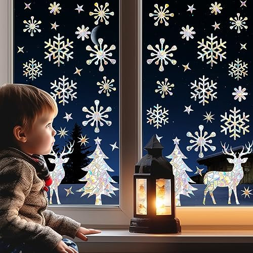 Yunkctuk 50 Pcs Stickers Noel Fenetre, 3D Autocollants Suncatcher avec Flocons de Neige, Rennes, Sapins de Noel, Fenêtre de Noël, Décoration de Noël pour fenêtres, Portes, Vitrines