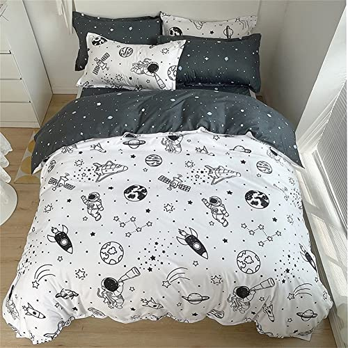Koudi Bettwäsche Kinder 140x200 Weltraum Kinderbettwäsche Jungen Weiß Schwarz Rakete Sterne Planeten Astronat Weltall Muster Bettbezug Reißverschluss mit Kissenbezug 70x90cm
