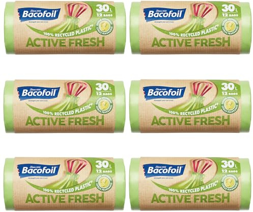 Bacofoil Active Fresh Bin Liners with Drawstring Handles 30L - Leak-Proof Bin Bag with a Citrus Fragrance to Prevent Odours (6 Rolls, 72 Bags)