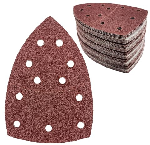 50 pcs Mouse Sander Pads, 11- Hole 40 Grits Mouse Sander Sandpaper Hook and Loop Sanding Pads 108x155 mm Triangle Multi Tool Sander Pads for Sanding and Polishing