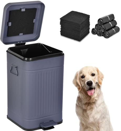 Umtiti UP12L-GY-F+90BK Hundekot-Mülleimer mit Deckel für draußen, 10 l Mülleimer mit Aktivkohlefilter und Plastiktüten, Haustierabfallbehälter, 10 l